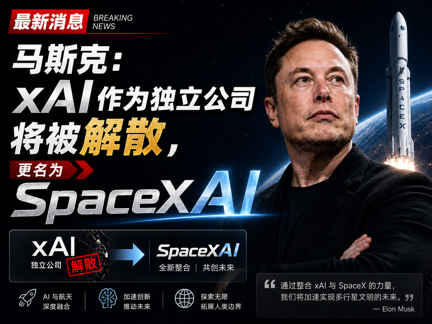 马斯克宣布 xAI 将解散独立实体，并入 SpaceX 更名为 SpaceXAI