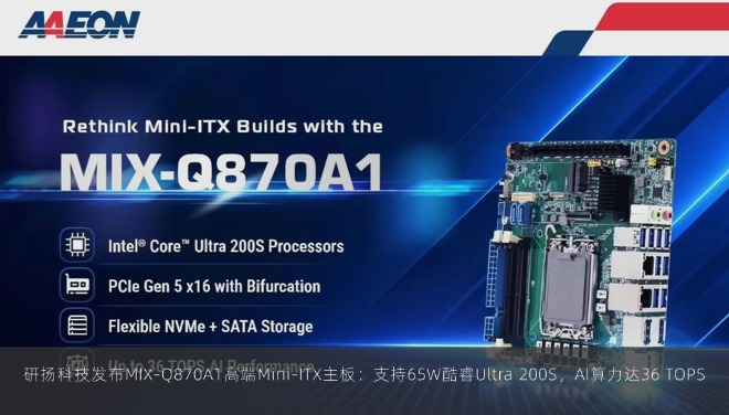 研扬科技发布MIX-Q870A1高端Mini-ITX主板：支持65W酷睿Ultra 200S，AI算力达36 TOPS
