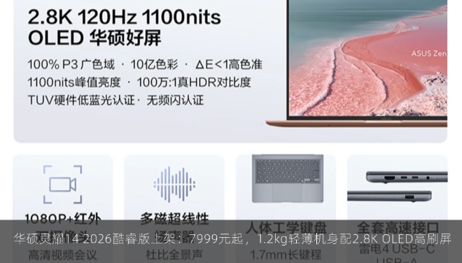  华硕灵耀14 2026酷睿版上架：7999元起，1.2kg轻薄机身配2.8K OLED高刷屏
